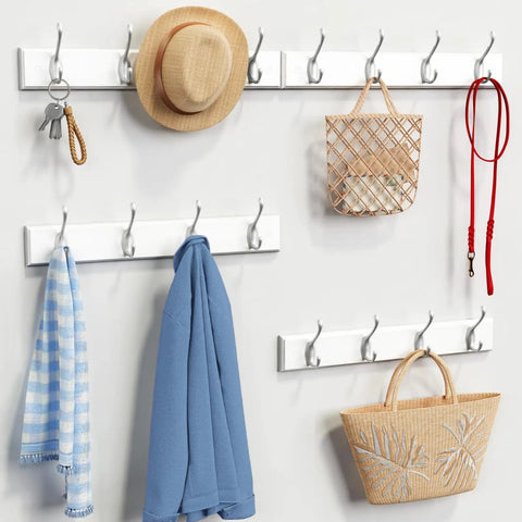 White Wall Mount Coat Rack 4 Pack With 16 Hooks The Go To Key Holder And Bag Hanger featuring hats, keys, bags, and leashes