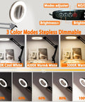10X LED Desk Magnifier With Stand And Real Glass Lens, showing three color modes and brightness levels for detailed work.
