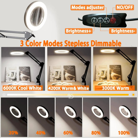 10X LED Desk Magnifier With Stand And Real Glass Lens, showing three color modes and brightness levels for detailed work.