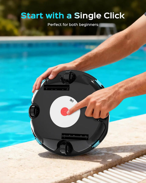 2026 Upgrade Cordless Robotic Pool Cleaner with 80 Minute Run Time for Above Ground Pools shown on poolside being activated.