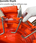 Close-up of Manual Seed Spreader Handheld Seeder And Fertilizer Applicator adjustment mechanism for depth control.