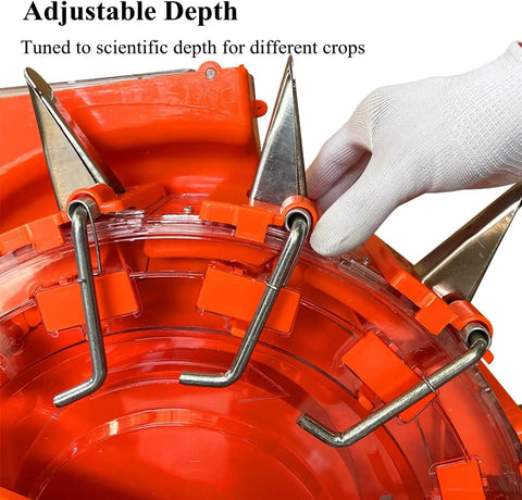 Close-up of Manual Seed Spreader Handheld Seeder And Fertilizer Applicator adjustment mechanism for depth control.