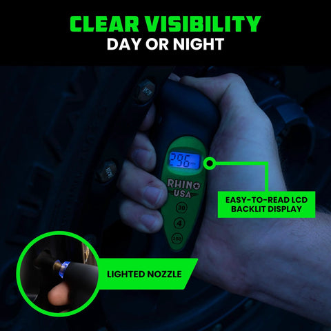 Rhino USA digital tire pressure gauge with LCD backlit display and lighted nozzle, green ergonomic handheld