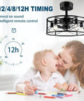 20 Inch Black Caged Ceiling Fan With Light Remote Included Industrial Fandelier in home setting with timing feature