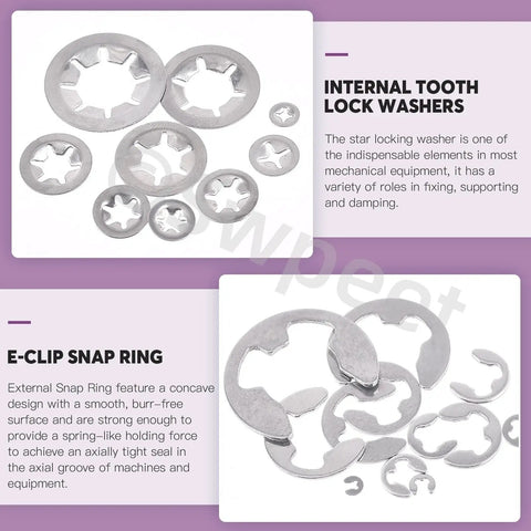 Internal tooth lock washers and E-clip snap rings from 236 Piece 304 Stainless Steel E Clips And Internal Tooth Lock Washers Kit With Tweezers For Gear Repair An All In One Assortment Of E Clips Lock Washers Snap Rings Circlips And More For DIY Projects And Handy Gear Fixes.
