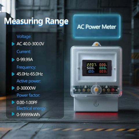AC Power Meter Panel Gauge With 40 To 300V Range And 100A Input, Digital Multimeter With Color LCD Display showing electric parameters