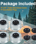 Front view: KPALAG 4-pack 2.44-inch chrome trailer wheel hub grease covers with 4 black rubber plugs