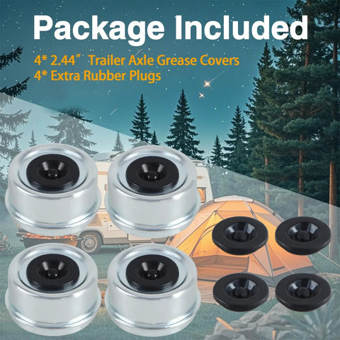 Front view: KPALAG 4-pack 2.44-inch chrome trailer wheel hub grease covers with 4 black rubber plugs