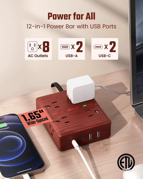 Brown Wood Grain 10 Ft Flat Plug Power Strip With Surge Protector, 8 Outlets and 4 USB Ports on desk charging phone