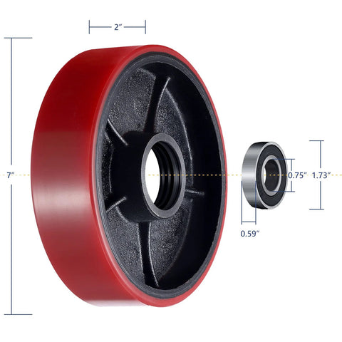 Heavy Duty Red Poly Tread Pallet Jack Steering Wheels Set 7 Inch By 2 Inch 20mm ID Bearings With Sealed 6204 Bearings Replacement