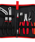 7 Piece Electrical Disconnect Pliers Set With Leather Case Auto Connector Removal Kit displayed in a red leather case