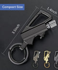 3 In 1 All Metal Multitool Keychain Lighter And Bottle Opener For Outdoor Adventures Waterproof Windproof Fire Starter shown in black with size dimensions.