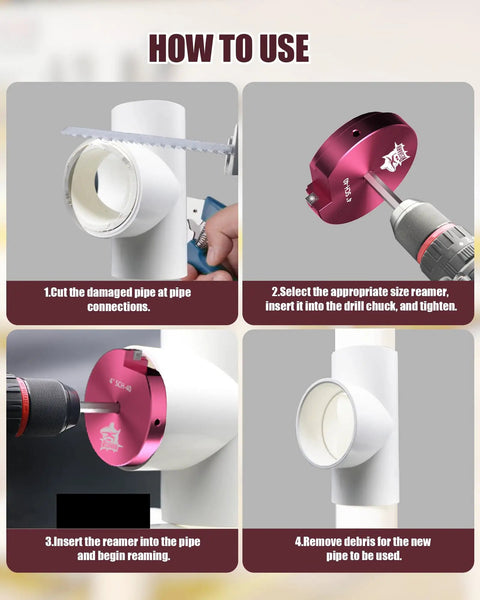 Image showing steps to use 9-Piece PVC Pipe Reamer Kit With Fitting Saver And Socket Saver Plumbing Tool Set For Schedule 40 PVC Pipes.