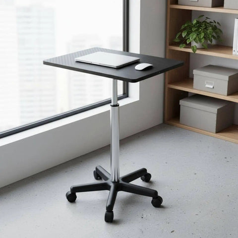 Straight Up Solid Adjustable Rolling Laptop Desk With Heavy Duty Steel Base Mobile Standing Work Table on wheels next to a window.
