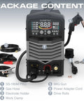 Sunstac 180A MIG Welder With Synergic LCD Control and Dual Voltage Power includes MIG gun, gas hose, and work clamp.