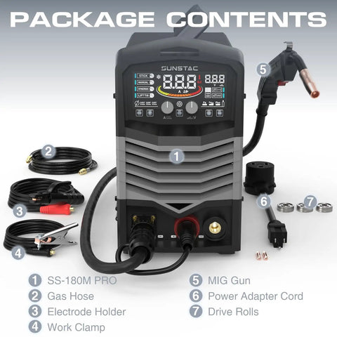Sunstac 180A MIG Welder With Synergic LCD Control and Dual Voltage Power includes MIG gun, gas hose, and work clamp.