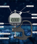 Digital Thickness Gauge 0 To 12.7mm And 0.5In With 0.01mm 0.0005In Resolution, Easy Read LCD, Ultra Precise Thickness Meter For Paper Film Leather And Wire, Great For Printing Press Settings Black, side view with labeled controls