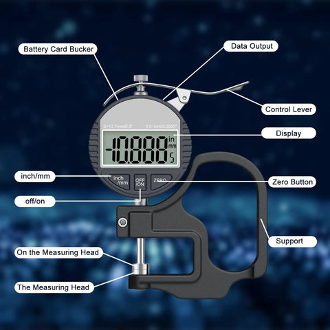 Digital Thickness Gauge 0 To 12.7mm And 0.5In With 0.01mm 0.0005In Resolution, Easy Read LCD, Ultra Precise Thickness Meter For Paper Film Leather And Wire, Great For Printing Press Settings Black, side view with labeled controls