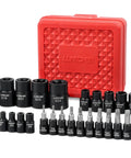 Torx Bit And Female External Socket Set 24 Pieces Includes Torx Star Bits T8 Through T40 And Female E Torx Sockets E4 Through E24 One Quarter Inch, Three Eighths Inch And One Half Inch Drives Chrome Vanadium With Mini Storage Box displayed in front of red case.