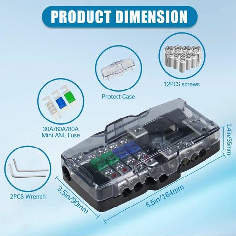 Beefy Fused Power Distribution Block For Car Audio, 4 Way MIDI Mini ANL Ready, Dual Input And Ground Poles, Individual Fuses On Positive Branches, Heavy Duty Hub For Safe Clean Power Delivery. clear cover, 6.5in x 3.5in