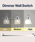 Dope Chrome 3 Light LED Bathroom Vanity Wall Sconce With Clear Glass Bell Shades ETL Listed Includes LED Bulbs dimmer switch settings