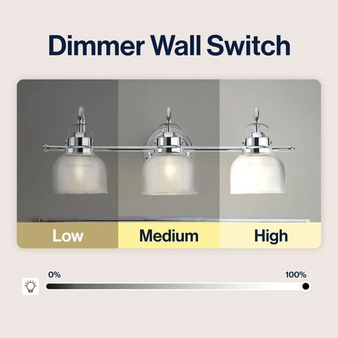 Dope Chrome 3 Light LED Bathroom Vanity Wall Sconce With Clear Glass Bell Shades ETL Listed Includes LED Bulbs dimmer switch settings
