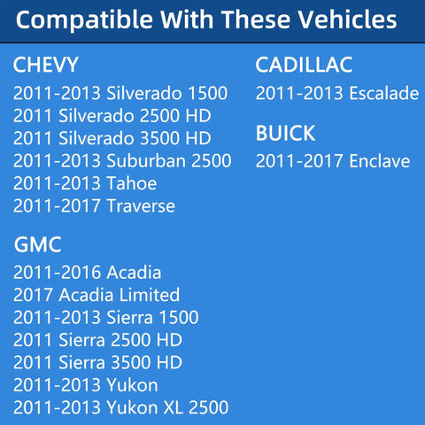 Compatibility list for 2011-2017 GM vehicles including Chevy, GMC, Cadillac, Buick SUVs and trucks, featuring Escalade, Enclave.