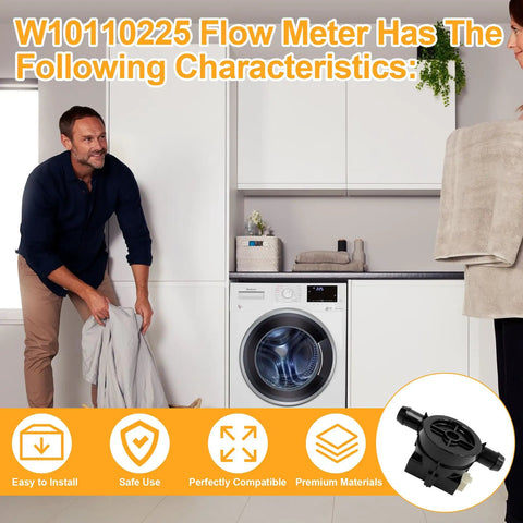 Man installing washing machine showing Inlet Flow Meter Replacement for Washing Machine WPW10110225 Easy Install