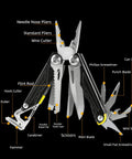 17 In 1 Multitool Pliers With Flint Fire Starter And Carabiner Hammer open with labeled tools on black background