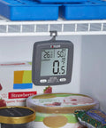 2 Inch LCD Refrigerator Freezer Thermometer With Min Max On Display Gray Digital Kitchen Thermometer hanging in freezer.