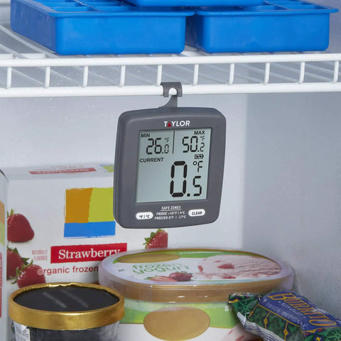 2 Inch LCD Refrigerator Freezer Thermometer With Min Max On Display Gray Digital Kitchen Thermometer hanging in freezer.