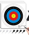 50 Piece Archery Target Papers Set With 8 Plastic Target Face Pins And Marker Pen For Backyard Practice Bow And Crossbow Targets Designed For Easy Scoring And Reuse In Your Home Range, showing 16-inch 10-ring target papers with pins and marker pen for home use.