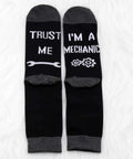 Two Pairs Mechanic Socks Gift Set With Trust Me I Am A Mechanic Phrase, black socks with wrench and gears design, unisex size 5-13