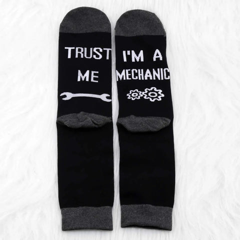 Two Pairs Mechanic Socks Gift Set With Trust Me I Am A Mechanic Phrase, black socks with wrench and gears design, unisex size 5-13