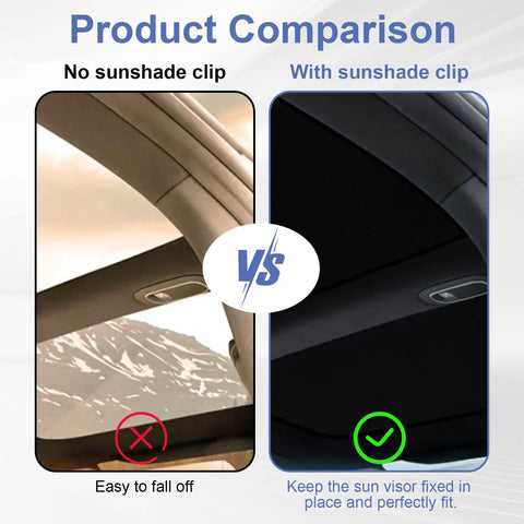Comparison of Tesla roof with and without 32 Piece Roof Sunshade Clips Set For Tesla Model Y Model 3 Model S Model X Glass Roof Sunshade Holder Fasteners For Easy Interior Installation And Solid Stability.