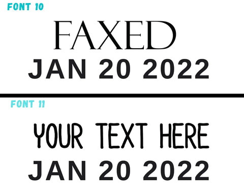 No Sweat Self Ink Date Stamp With Customizable 2025 Calendar showing 'FAXED' and 'YOUR TEXT HERE' with dates.