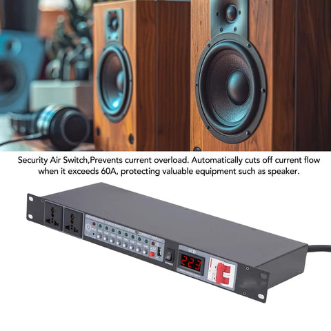 Top Shelf 10 Channel Power Sequencer Conditioner With Sharp Digital Voltage Monitor And Heavy Duty Surge Guard to seamlessly order gear startup for live stages amps and speakers US wall plug with speaker behind.