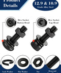 Must-Have All-In-One 1500-Piece M4 Screws Set With Socket Head And Button Head 12.9 And 10.9 Grade Alloy Steel Includes Hex Nuts Flat And Spring Lock Washers Metric Bolts With S2.5 And S3 Hex Keys Black Oxide Finish. M4 bolts, washers, and nut detail
