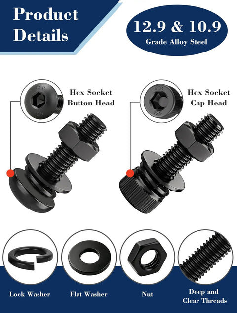 Must-Have All-In-One 1500-Piece M4 Screws Set With Socket Head And Button Head 12.9 And 10.9 Grade Alloy Steel Includes Hex Nuts Flat And Spring Lock Washers Metric Bolts With S2.5 And S3 Hex Keys Black Oxide Finish. M4 bolts, washers, and nut detail