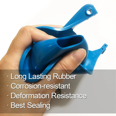 Close-up of two blue flapper parts from Two Pack 3 Inch Toilet Flapper Replacement Kit With Stainless Chain And Rubber Seal in hand