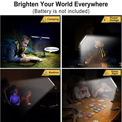LED Desk Lamp for Home Office and Upright Piano in various settings: camping, power outage, bedtime, game night, black finish