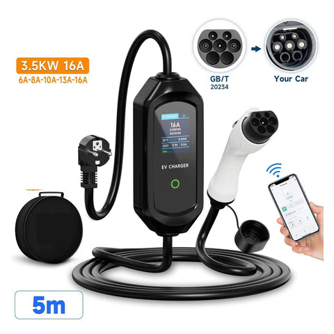 Portable 3.5KW EV Charger Fast Charging Cable Type 2 To GBT Adapter with 5m long cord and Bluetooth app control.