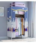 Portable Clothing Wardrobe With Hanging Rods And Two Side Pockets No Sweat Fabric Storage Rack Straightforward Setup with colorful design and layered clothing