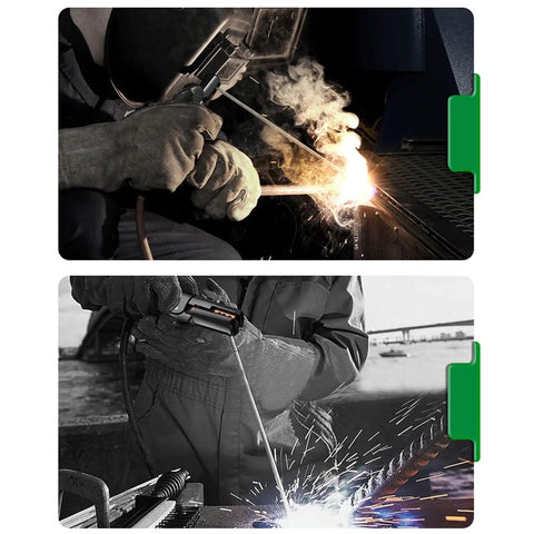 Heavy Duty 300A Welding Stinger And Electrode Holder Crafted With Raw Copper Jaw Cool Touch Isolated Handle Rock Solid Non Slip Grip in action during stick welding.