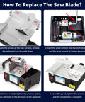 Steps to replace the saw blade on a Solid Little Workhorse Compact Mini Table Saw With Variable Speed Trigger.