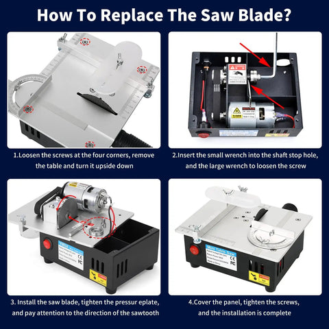 Steps to replace the saw blade on a Solid Little Workhorse Compact Mini Table Saw With Variable Speed Trigger.