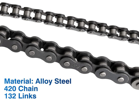 Close-up of Belleone 420 roller chain, alloy steel, 132 links