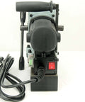 Front view of Amazon TYP-28A mini magnetic drill; black/gray body, red on/off switch, power cord.