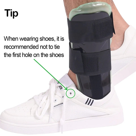 Air Gel Ankle Brace with Stirrup Support worn with shoe, tip to avoid tying first lace hole, Adjustable Rigid Ankle Splint for Protection