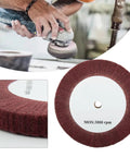 Top Tier Nylon Fiber Flap Polishing Wheel For Curves And Tight Spots Non Woven Abrasive Buffing Disc Delivers Shadow Free Finish On Wood And Metal Surfaces At 250mm Size in use with a power tool.
